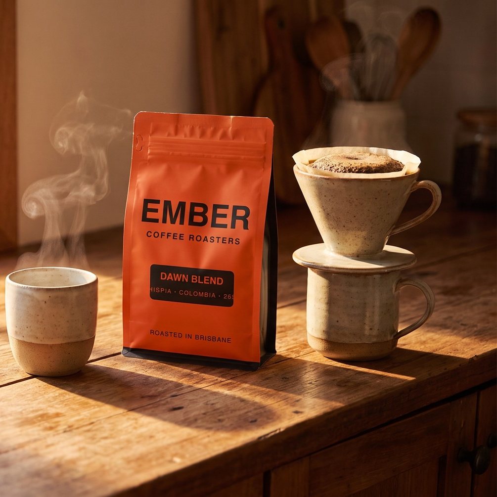A bag of Dawn Blend beside a pour-over